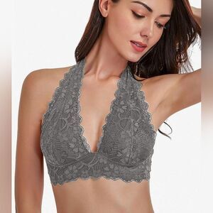 NWT Beka Boutique Gray Floral Lace Haltet Bralette (3X)